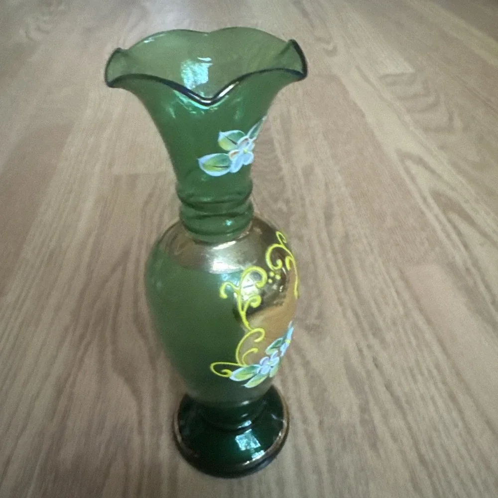 Enesco Bohemian Glass Vase Hand Painted Enamel Flowers Gilded 8 Inches VTG 1960s